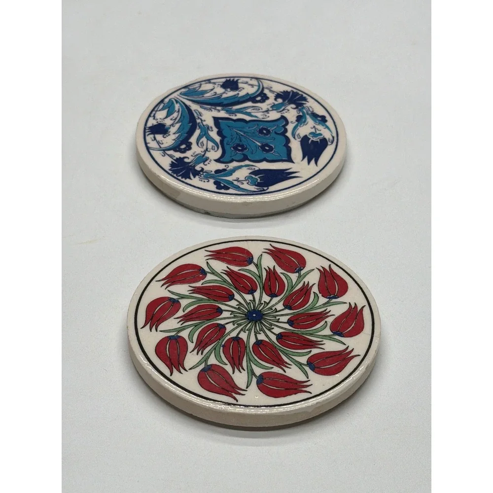 Set of 2 Ceramic‎ Coasters Turkish Tulip Floral Blue White Round Decorative